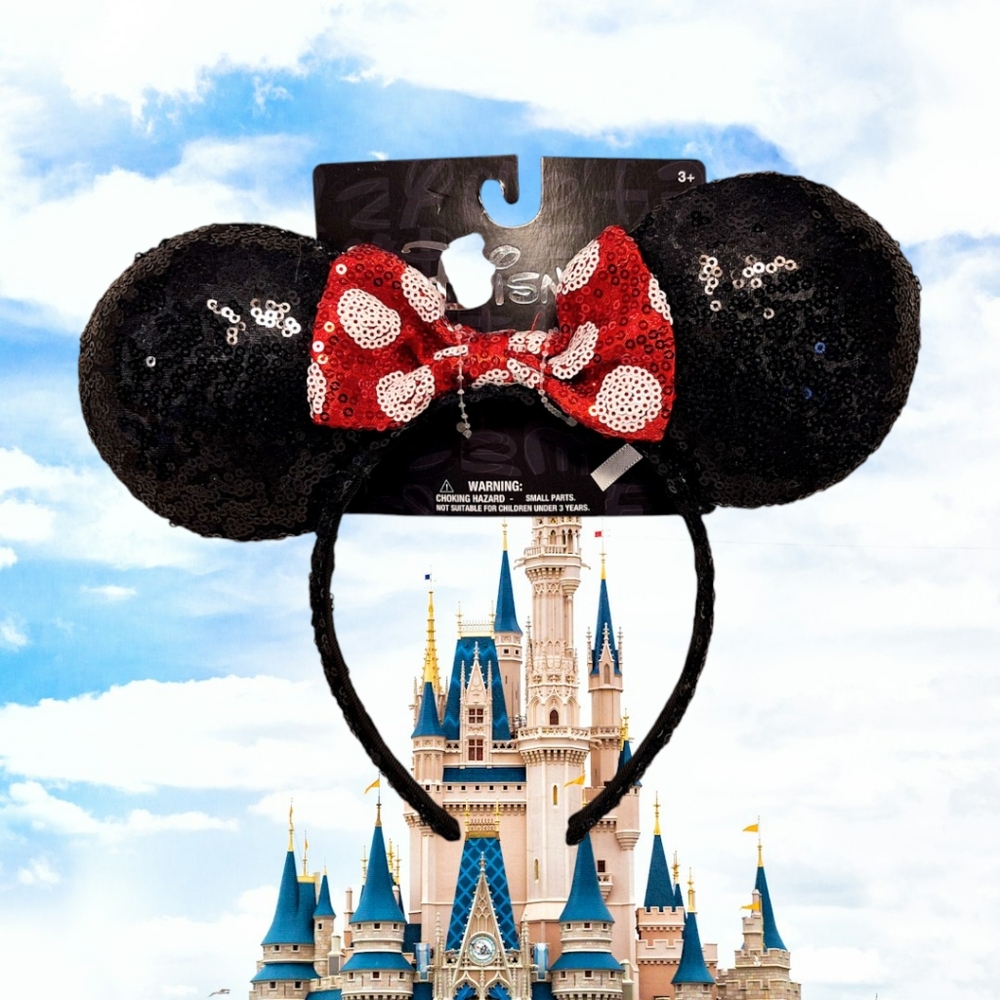 Disney black sequins Mickey/Minnie Mouse ears w/red bow & white polka dots